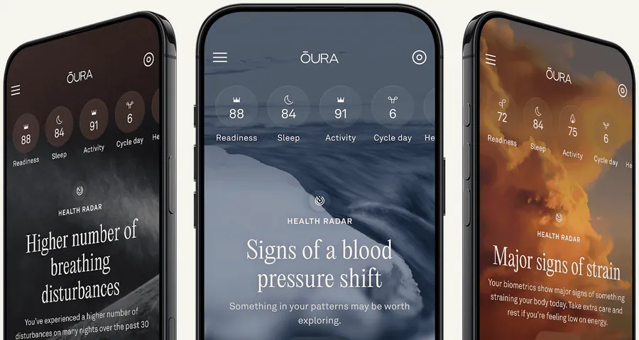 Three Health Radar screens in the Oura App with notes on breathing, blood pressure and strain