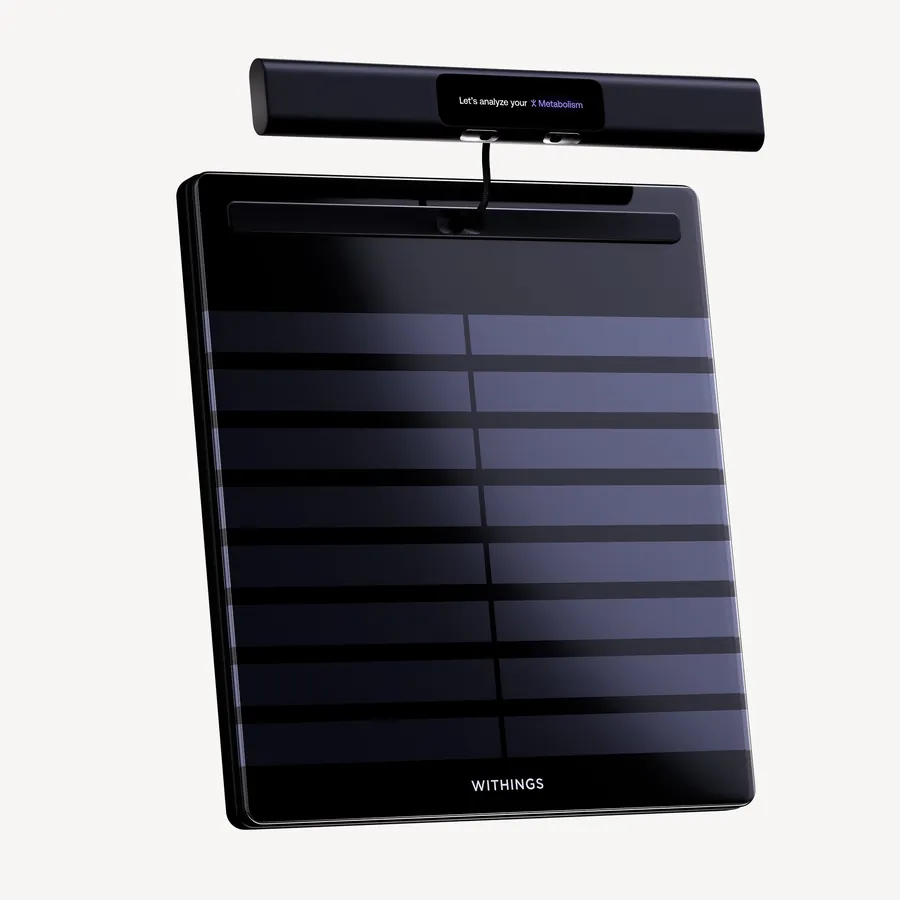Withings BodyScan 2 in black with the handle extended above the platform